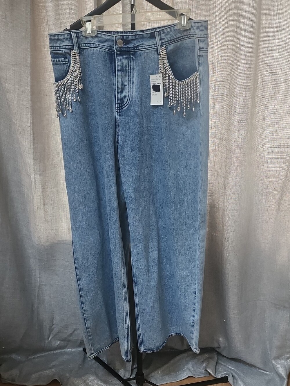 Nasty Gal Light Blue Wide-Leg Jeans with Rhinestone Pocket Fringe
